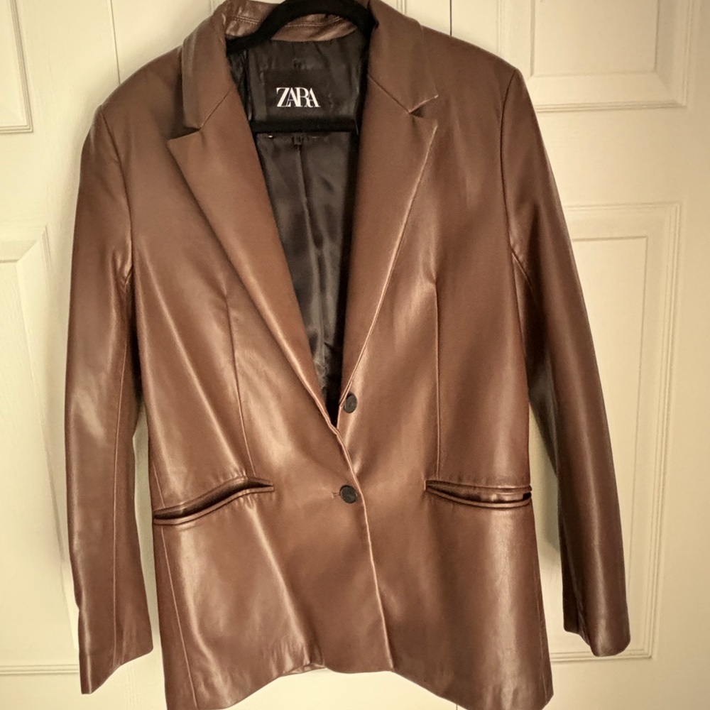 Zara brown faux leather blazer size M